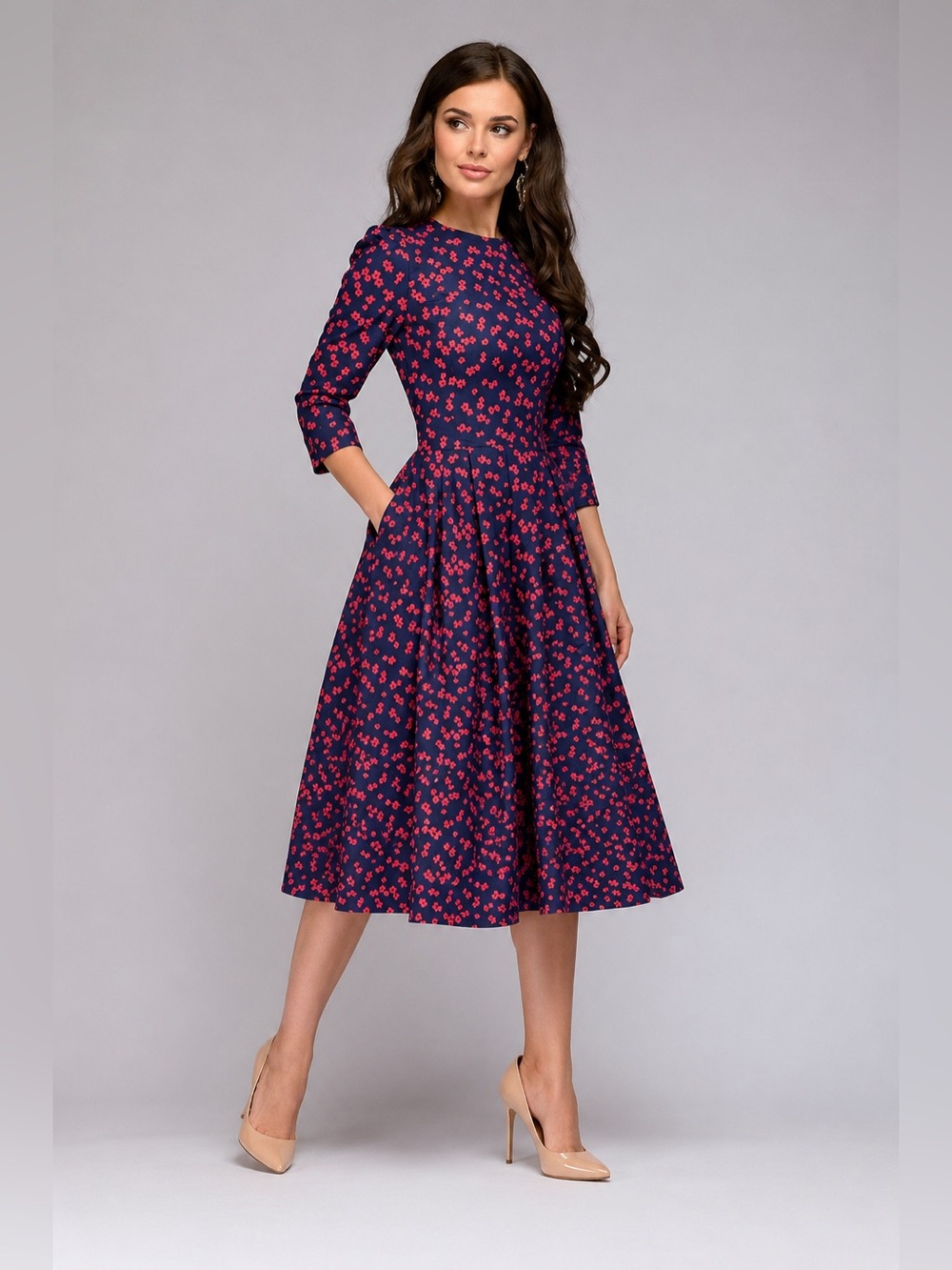 Navy Red Floral Fit & Flare Midi Dress XXL 3/4 Sleeve Pockets Plus